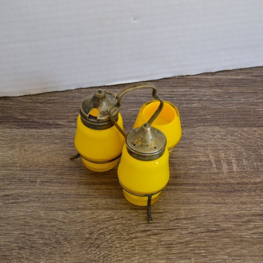 Vtg Yellow Glass Condiment Set in Metal Stand